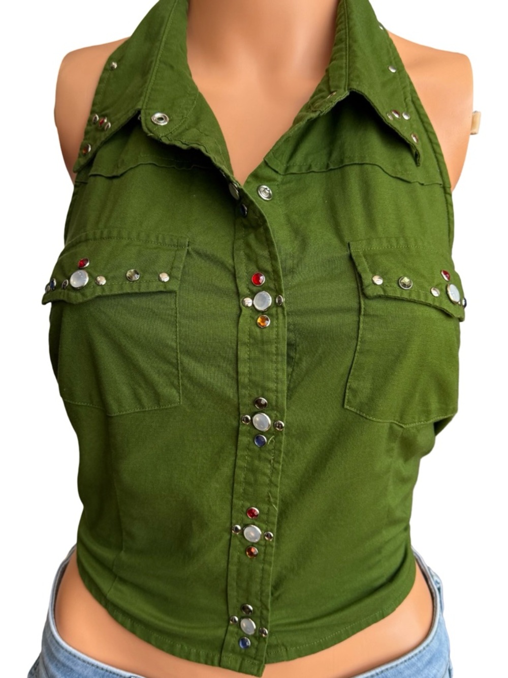 Route 66 Olive Green Studded Halter Crop Top